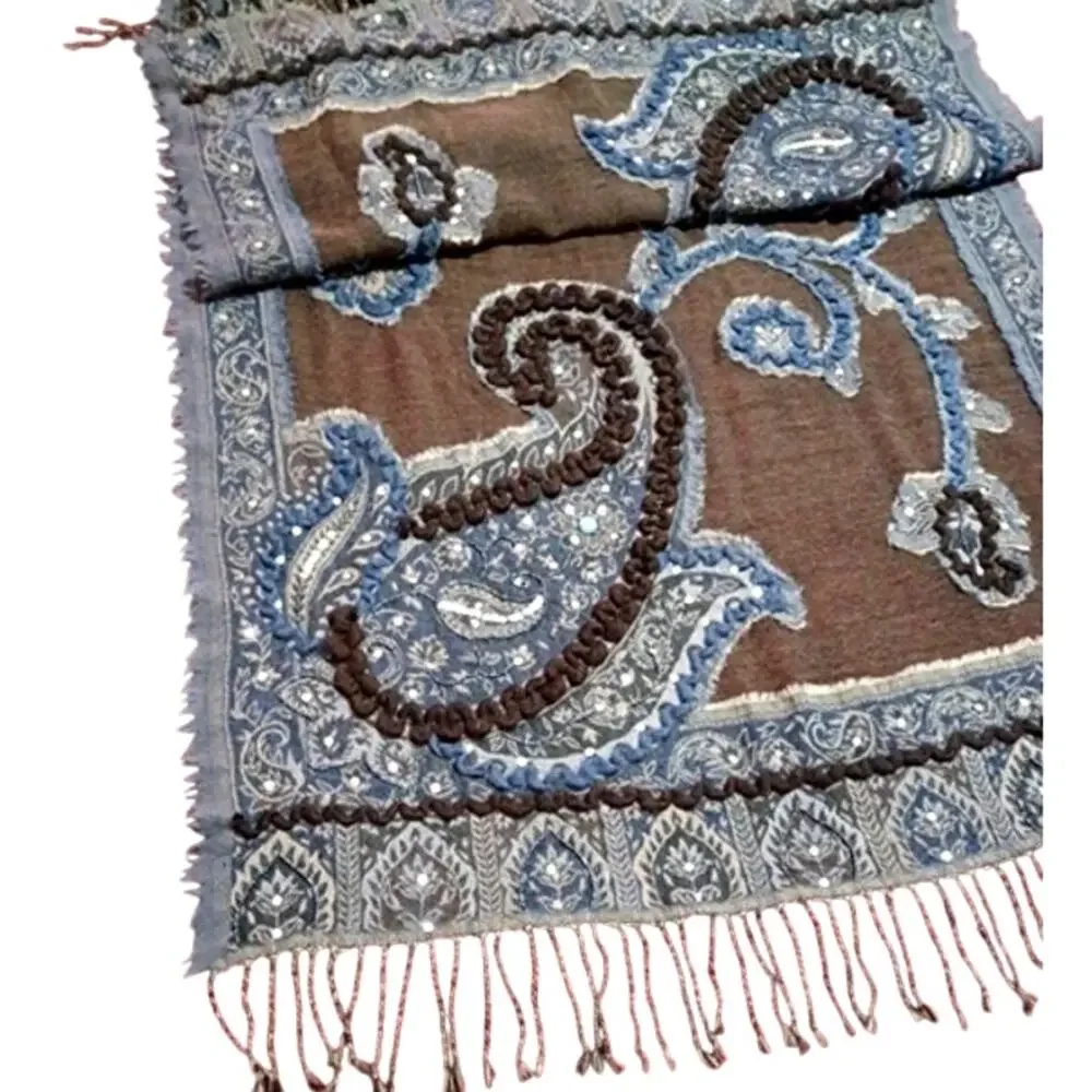 Tolani 100% Wool Scarf Brown Blue Embroidered Sequins Paisley Fringe Oversized